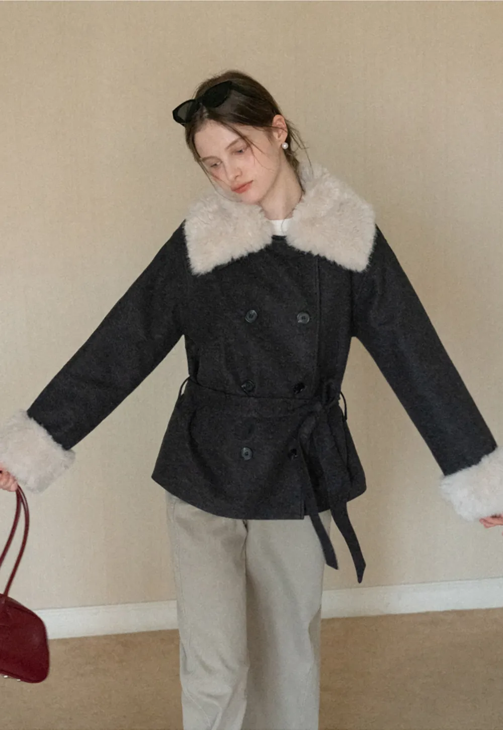 Wool Coat with Fur Collar and Cuff Belted Design