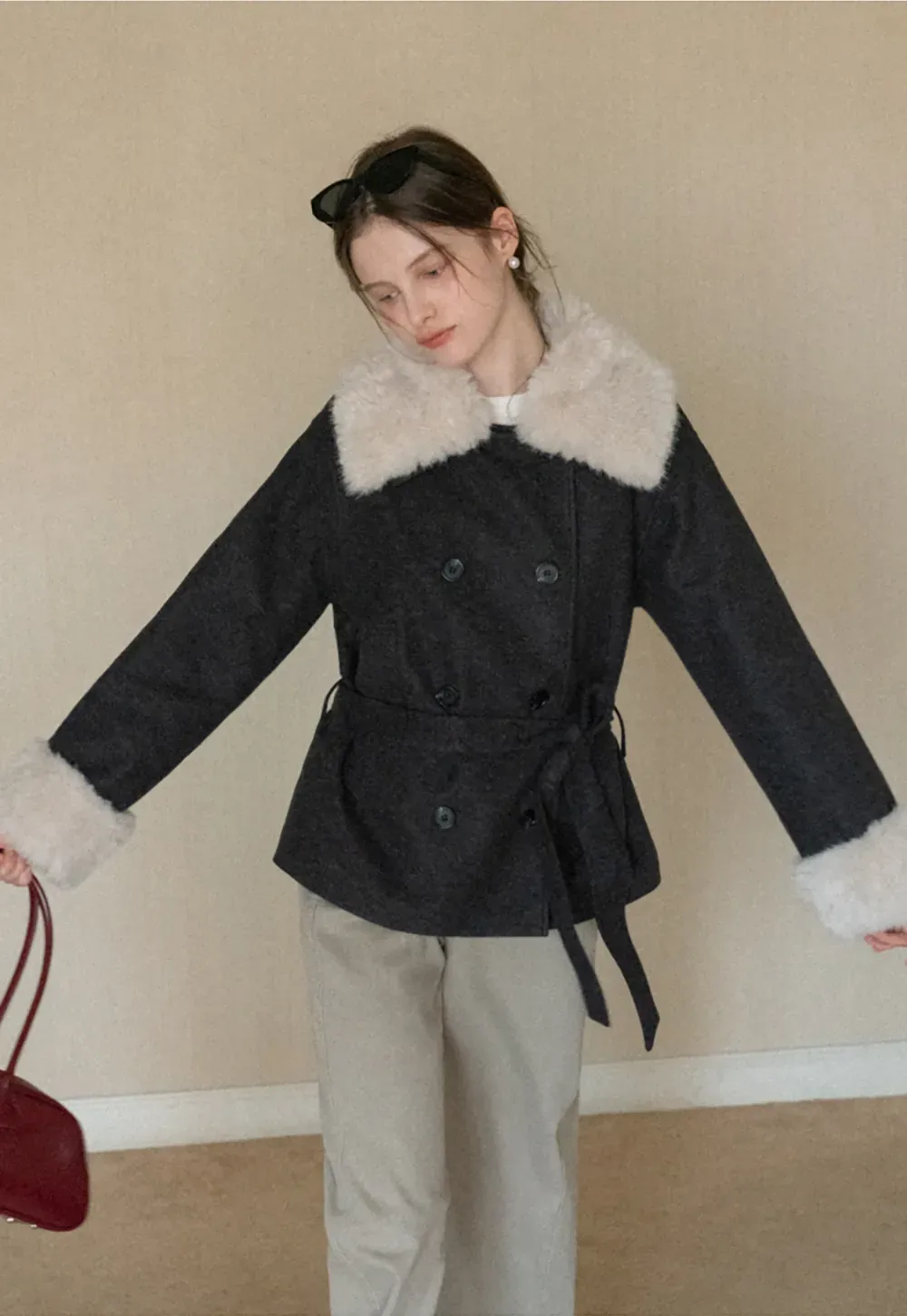 Wool Coat with Fur Collar and Cuff Belted Design