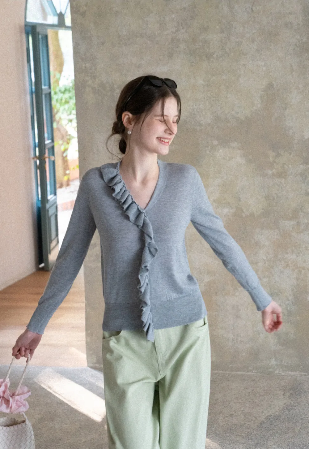 Lightweight Long Sleeve Knit Sweater with Ruffled Trim