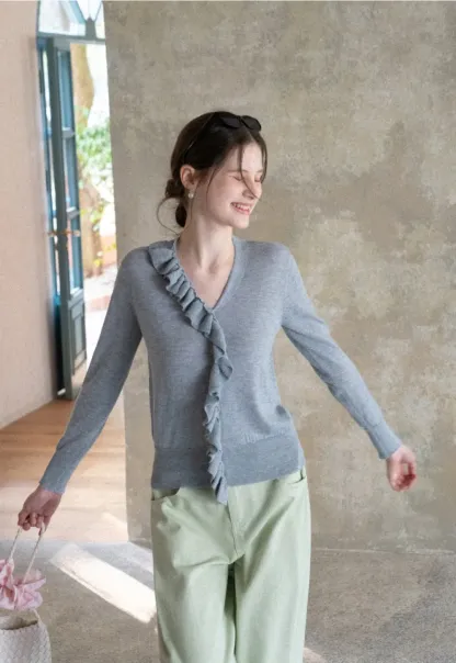 Lightweight Long Sleeve Knit Sweater with Ruffled Trim