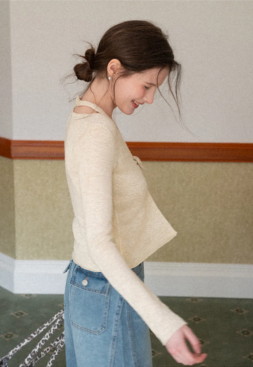 V Neck Knit Sweater with Floral Button Detail