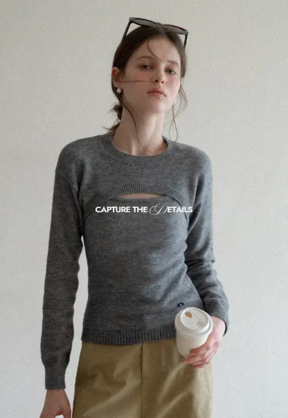 Cutout Detail Round Neck Knit Sweater