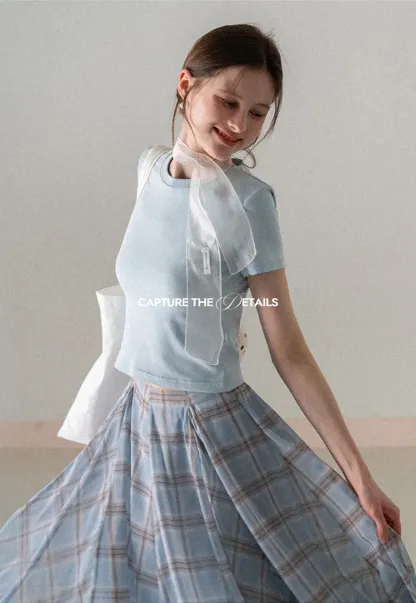 Pleated Plaid Midi Skirt with Asymmetrical Hem