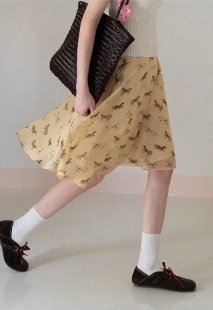 Horse Print Flared Midi Skirt