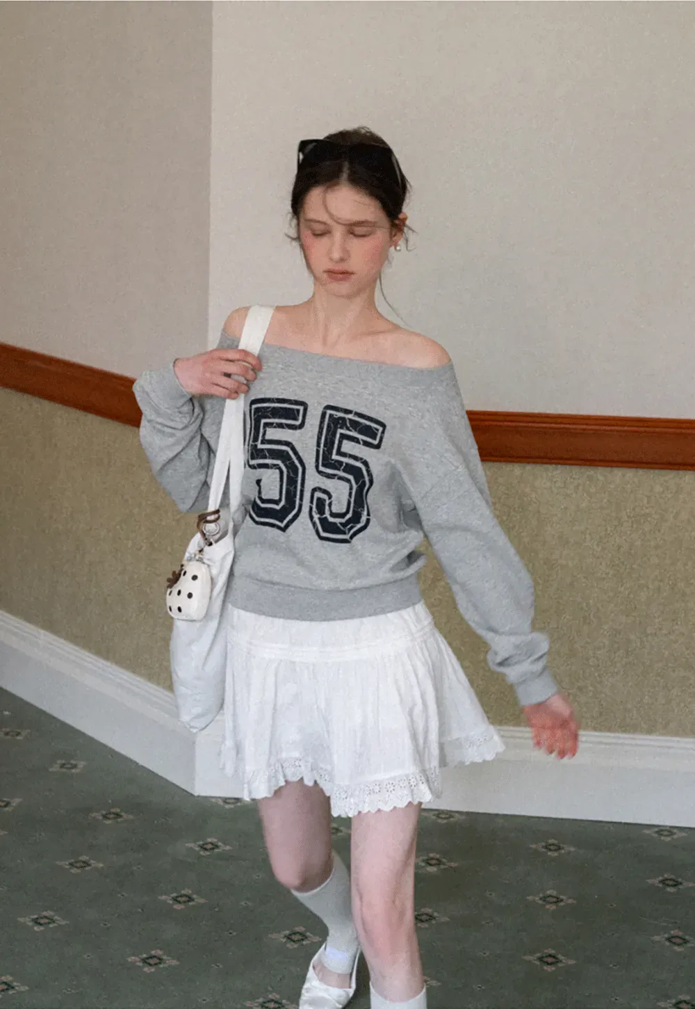 Off Shoulder Sweatshirt with Number Print