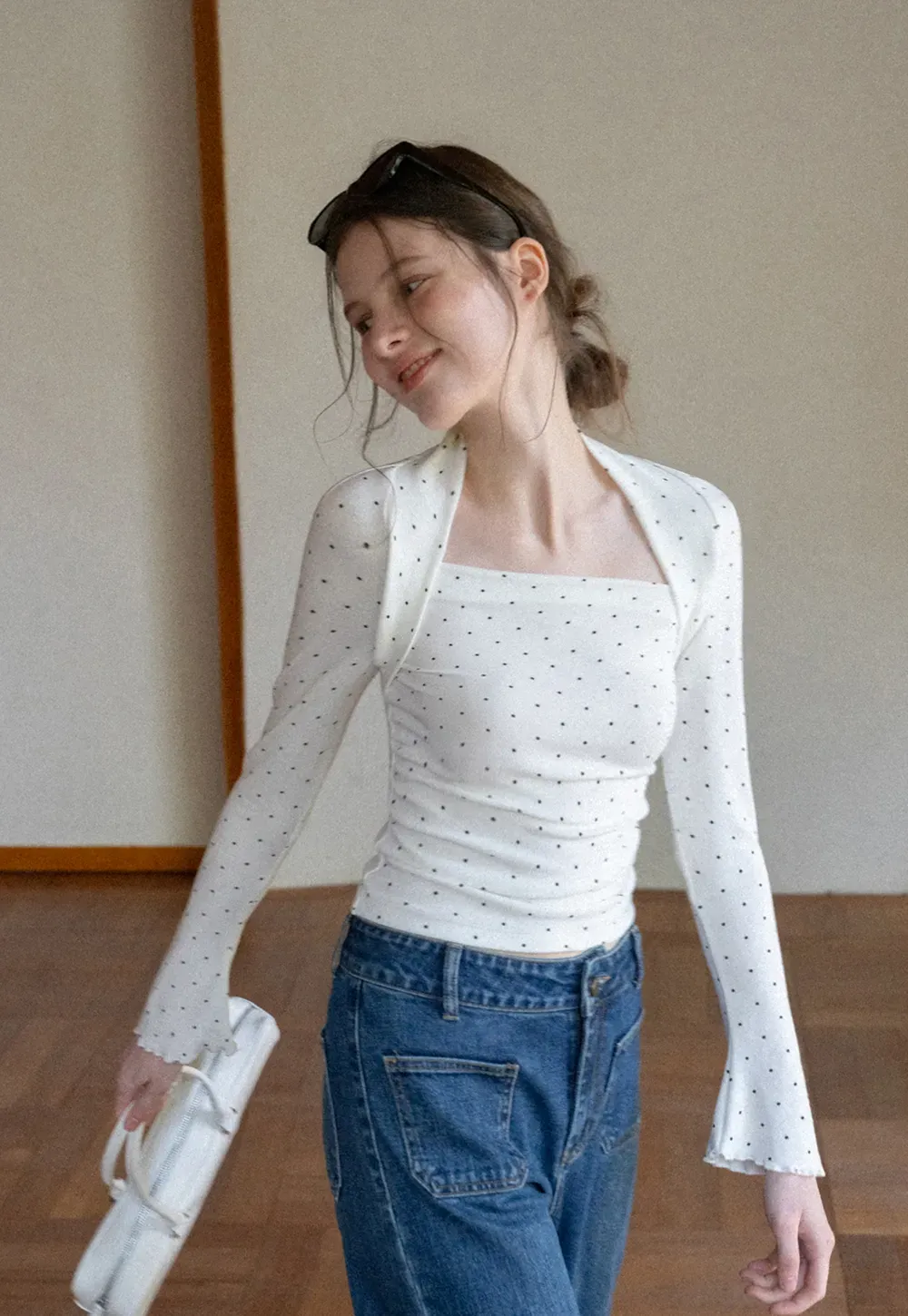 Polka dot long sleeve top with square neckline