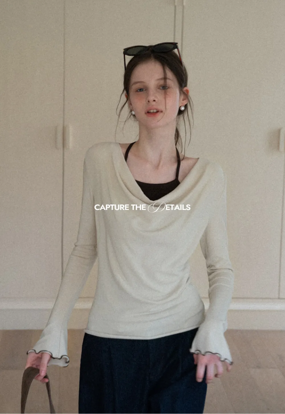 Beige Long-Sleeve Top with Ruffled Hem and Bow Tie Back