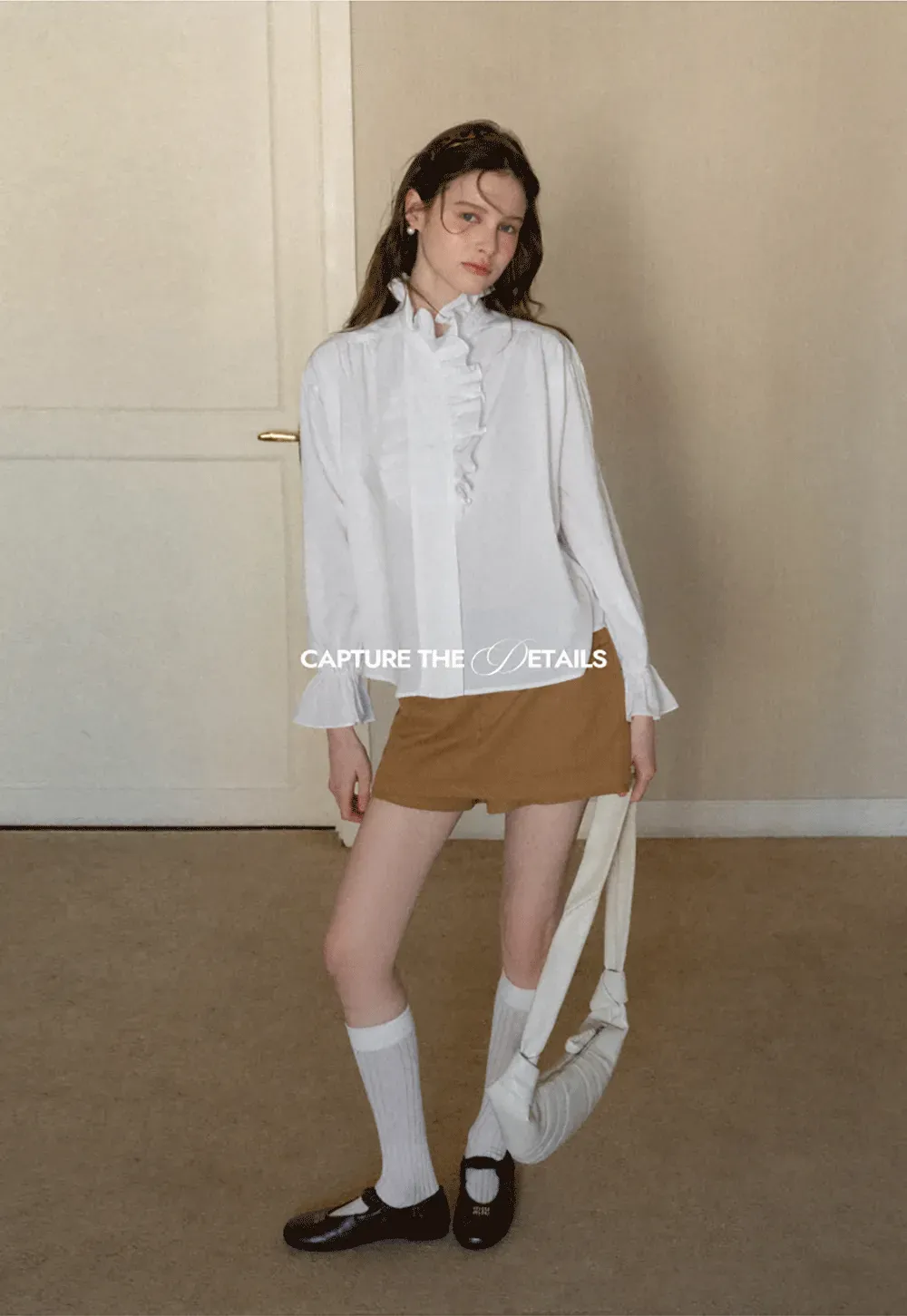 Elegant Ruffled Collar Blouse with Flared Cuffs