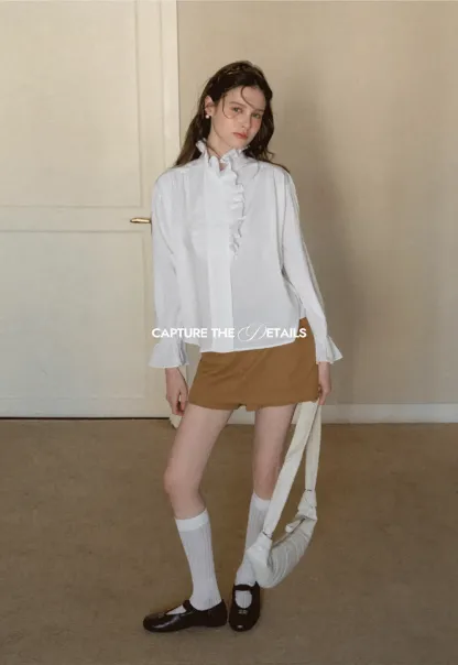 Elegant Ruffled Collar Blouse with Flared Cuffs