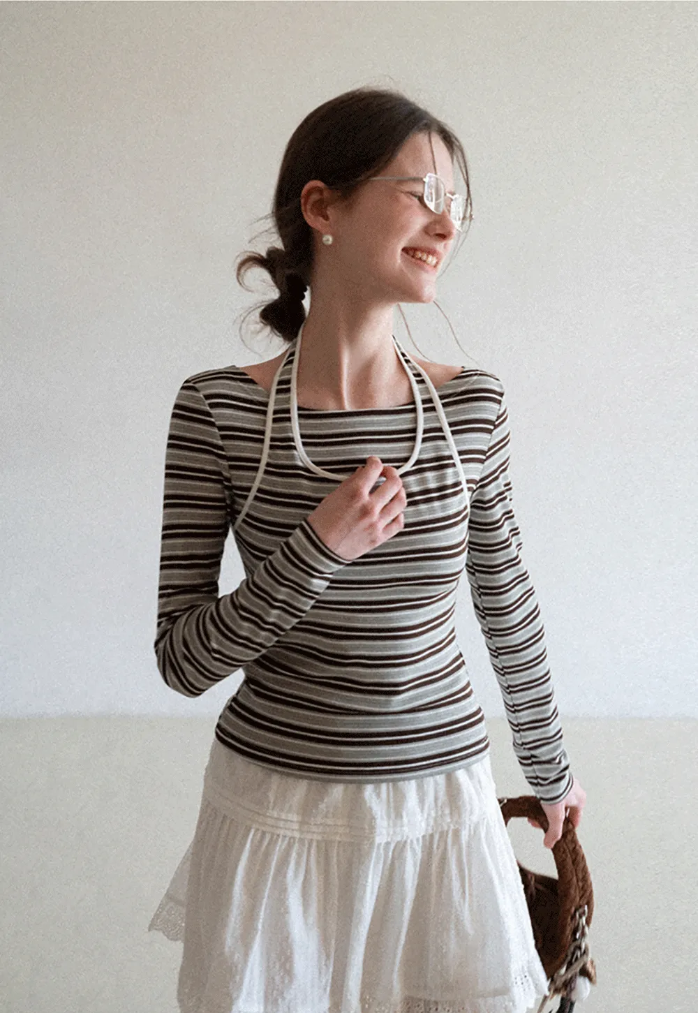 Long sleeve striped top with halter neck detail