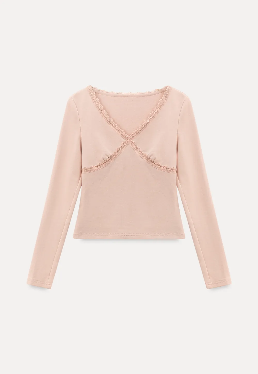 V neck long sleeve top with lace trim and fitted design