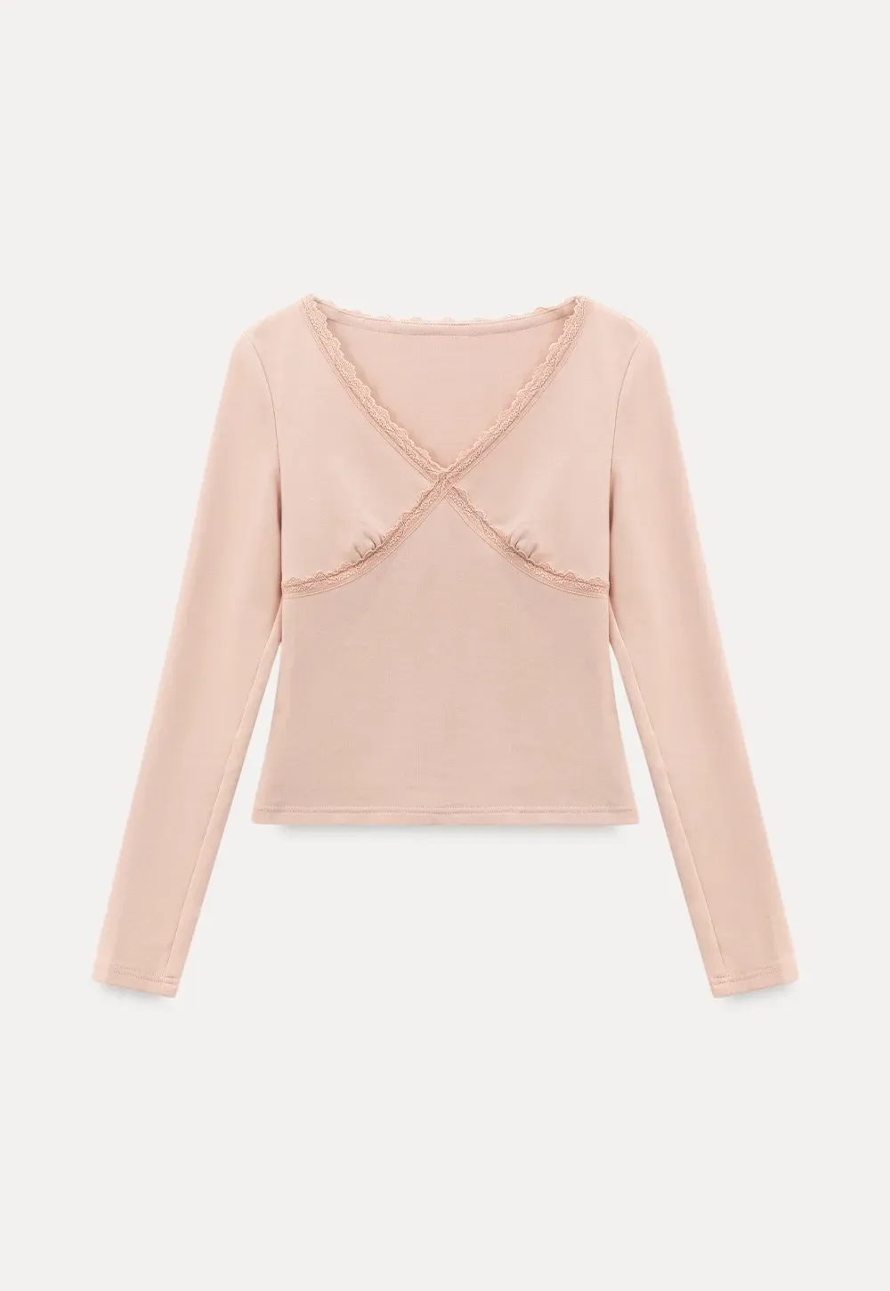 V neck long sleeve top with lace trim and fitted design