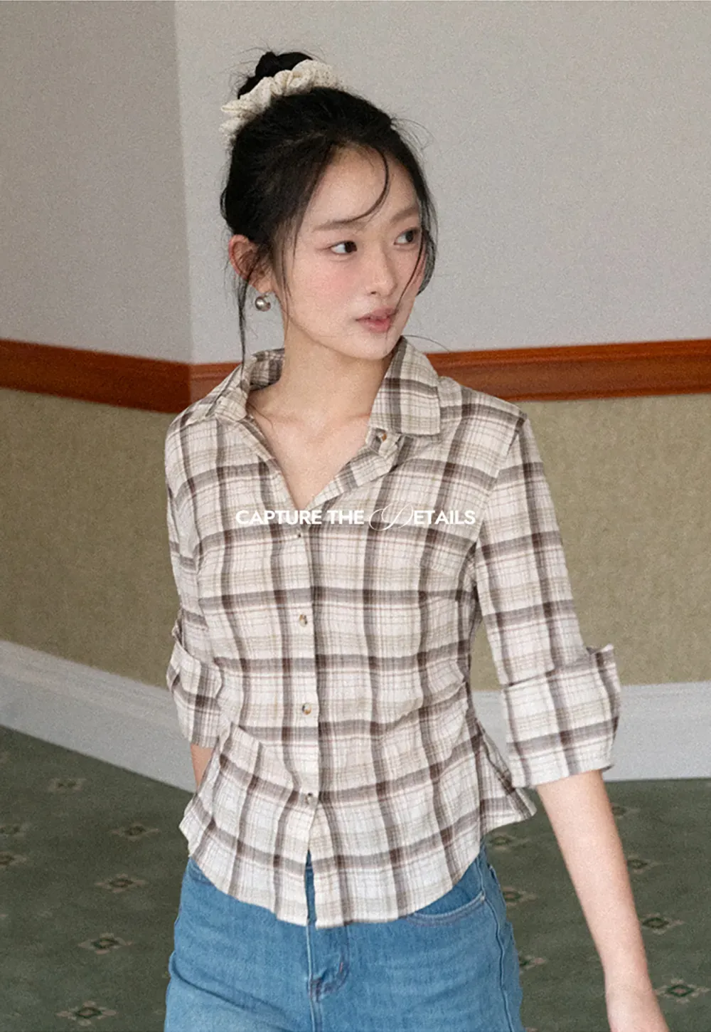 Plaid Shirt with Rolled Sleeves and Button Front