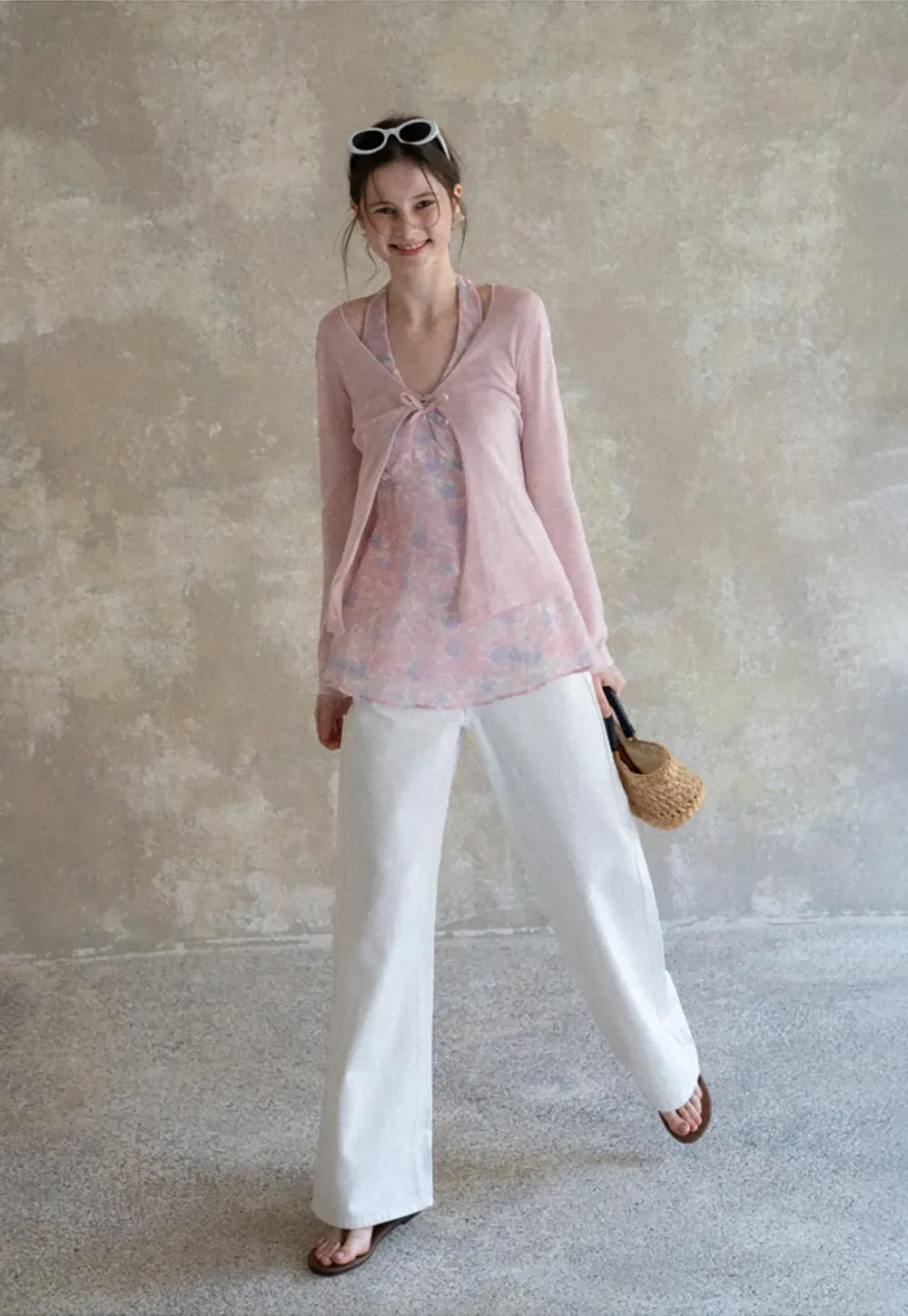 Woolen knit sweater with tie front and floral tank top