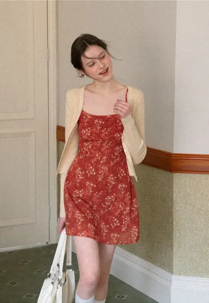 Floral Print Slip Dress with Thin Straps