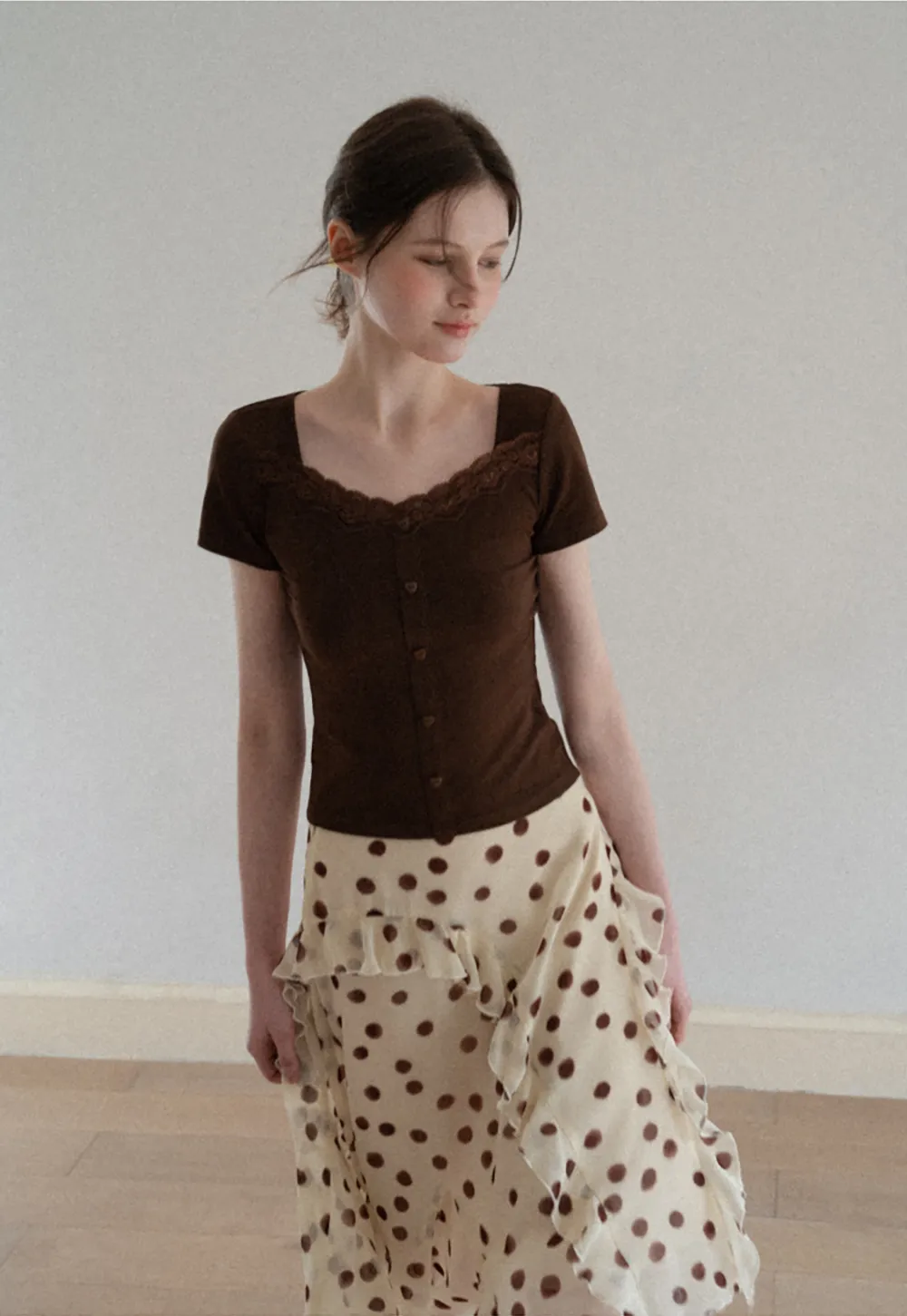 Short Sleeve Button Front Top with Lace Trim