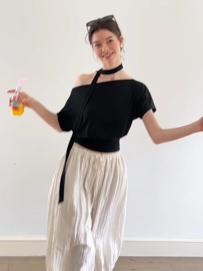 Asymmetrical Cutout Neck Short Sleeve Top