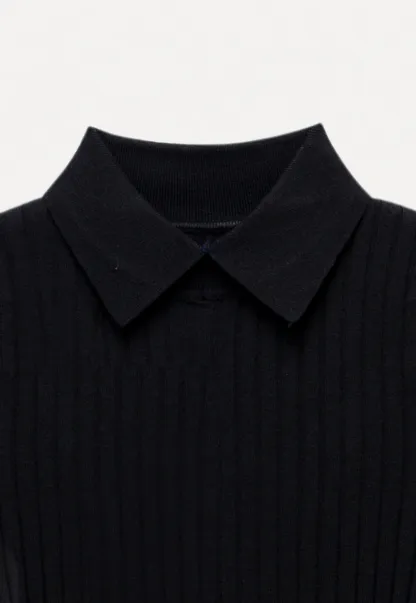 Women Classic Ribbed Knit Polo Long Sleeve