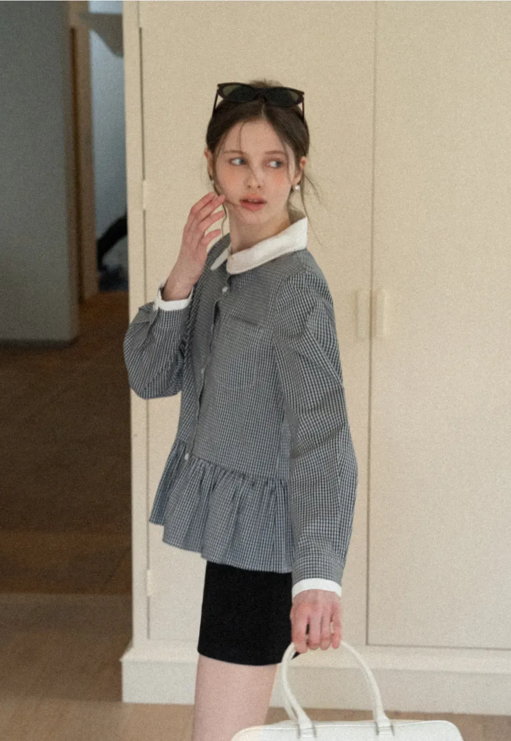 Peplum Gingham Collar Shirt with Flared Hem
