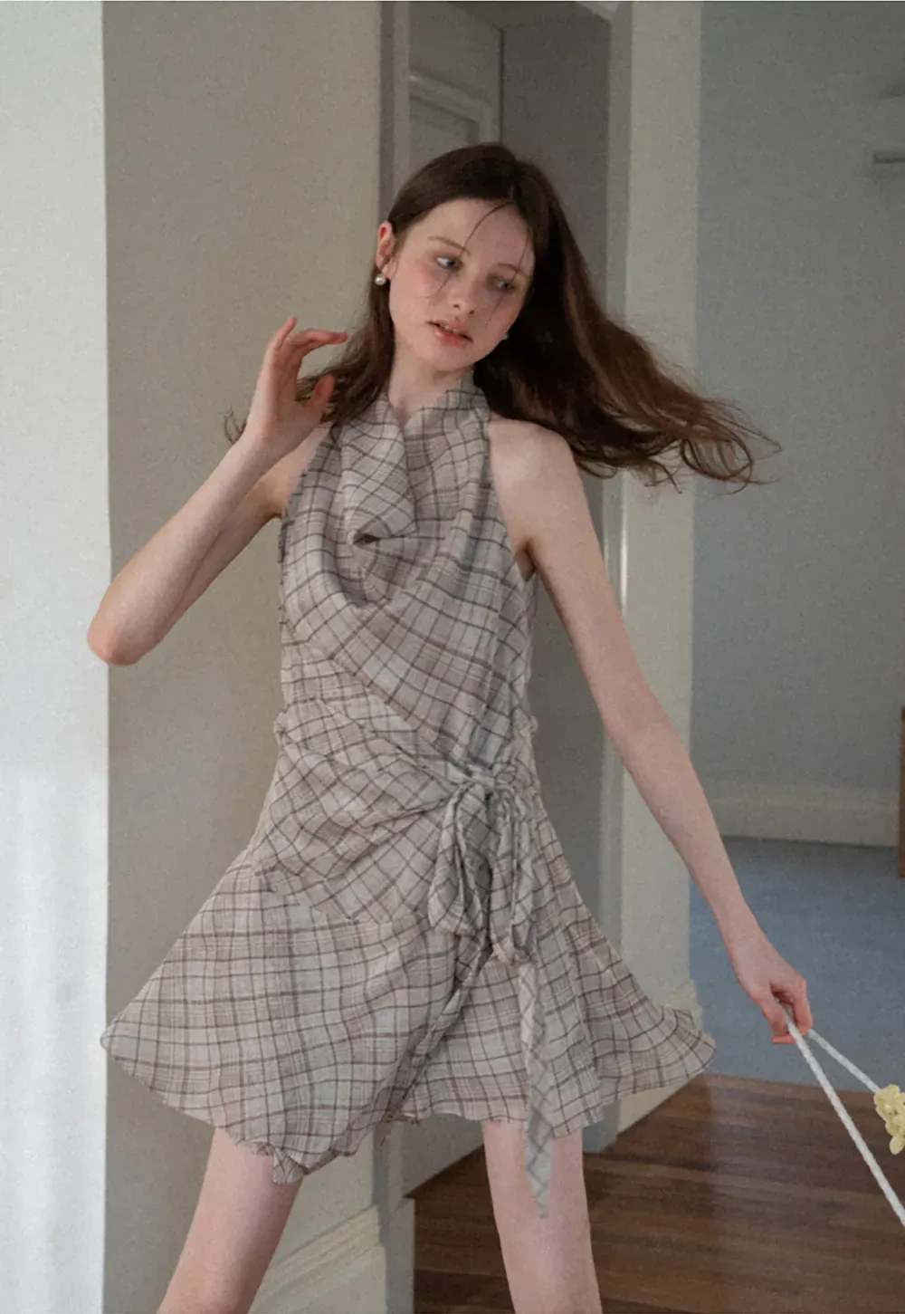 Plaid Halter Neck Wrap Dress with Side Tie