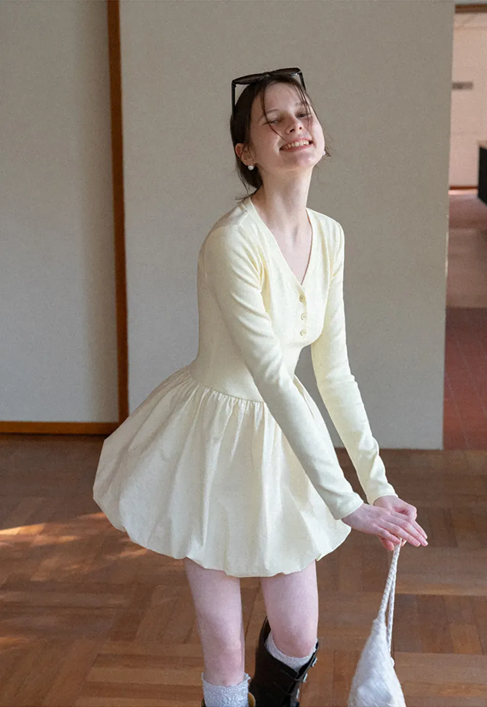 V neck long sleeve dress with flared skirt