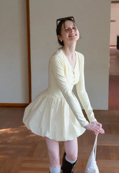 V neck long sleeve dress with flared skirt