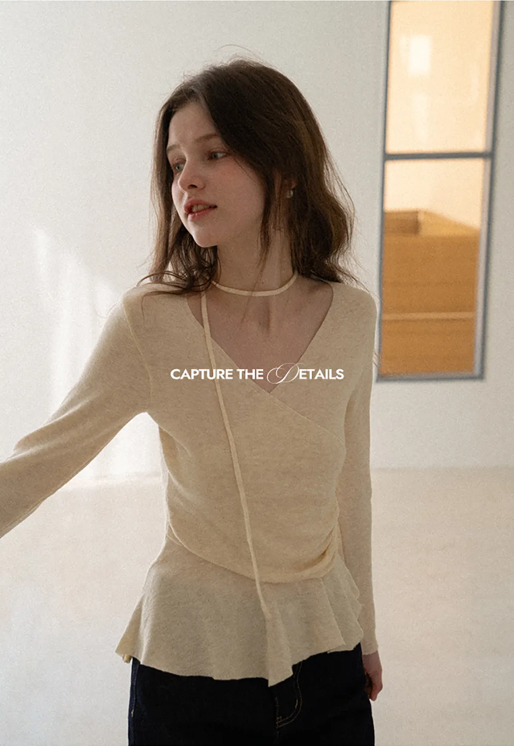 Long sleeve wrap knit sweater with ruched detail