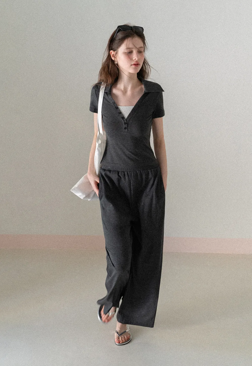 Polo shirt with buttons and wide leg casual pants