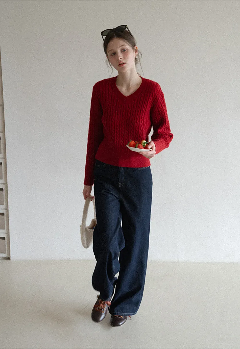 Turtleneck Cable Knit Sweater with Horse Pattern Stripe