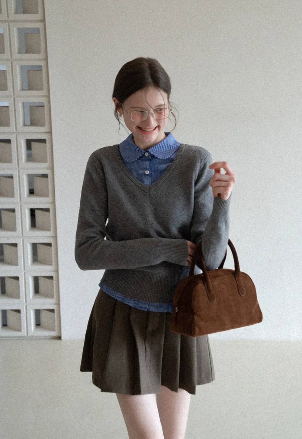 V Neck Knit Sweater with Layered Collar Design