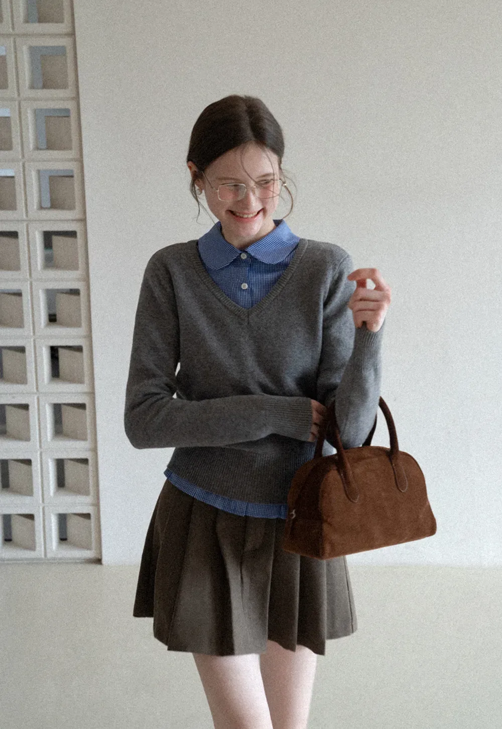 V Neck Knit Sweater with Layered Collar Design