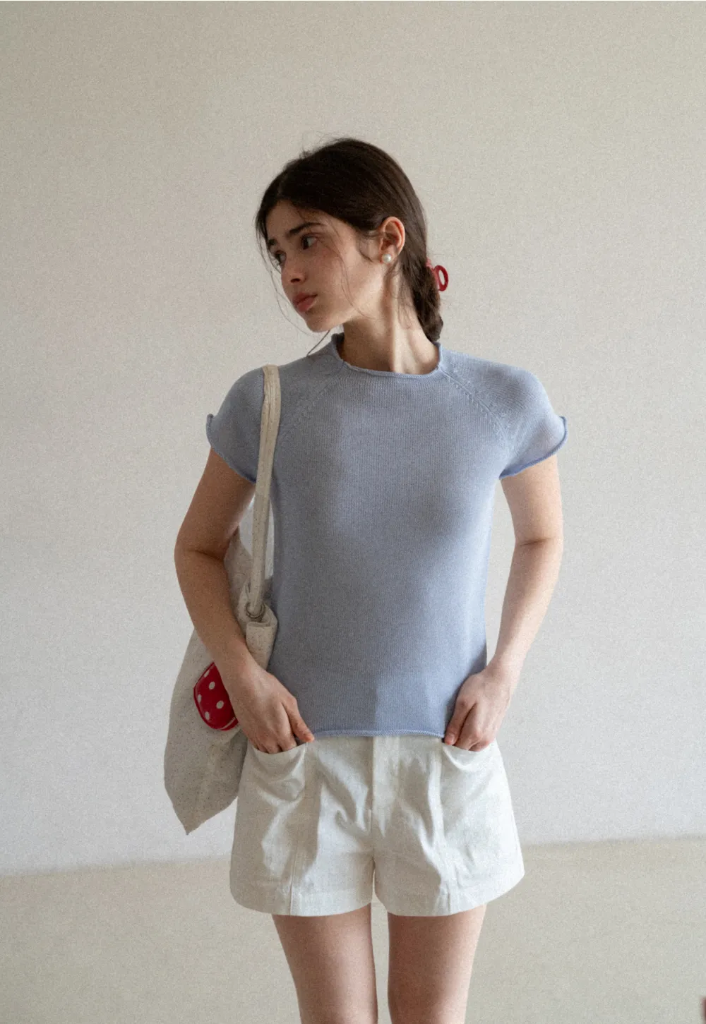 Short Sleeve Ribbed Knit Top with Raglan Sleeves