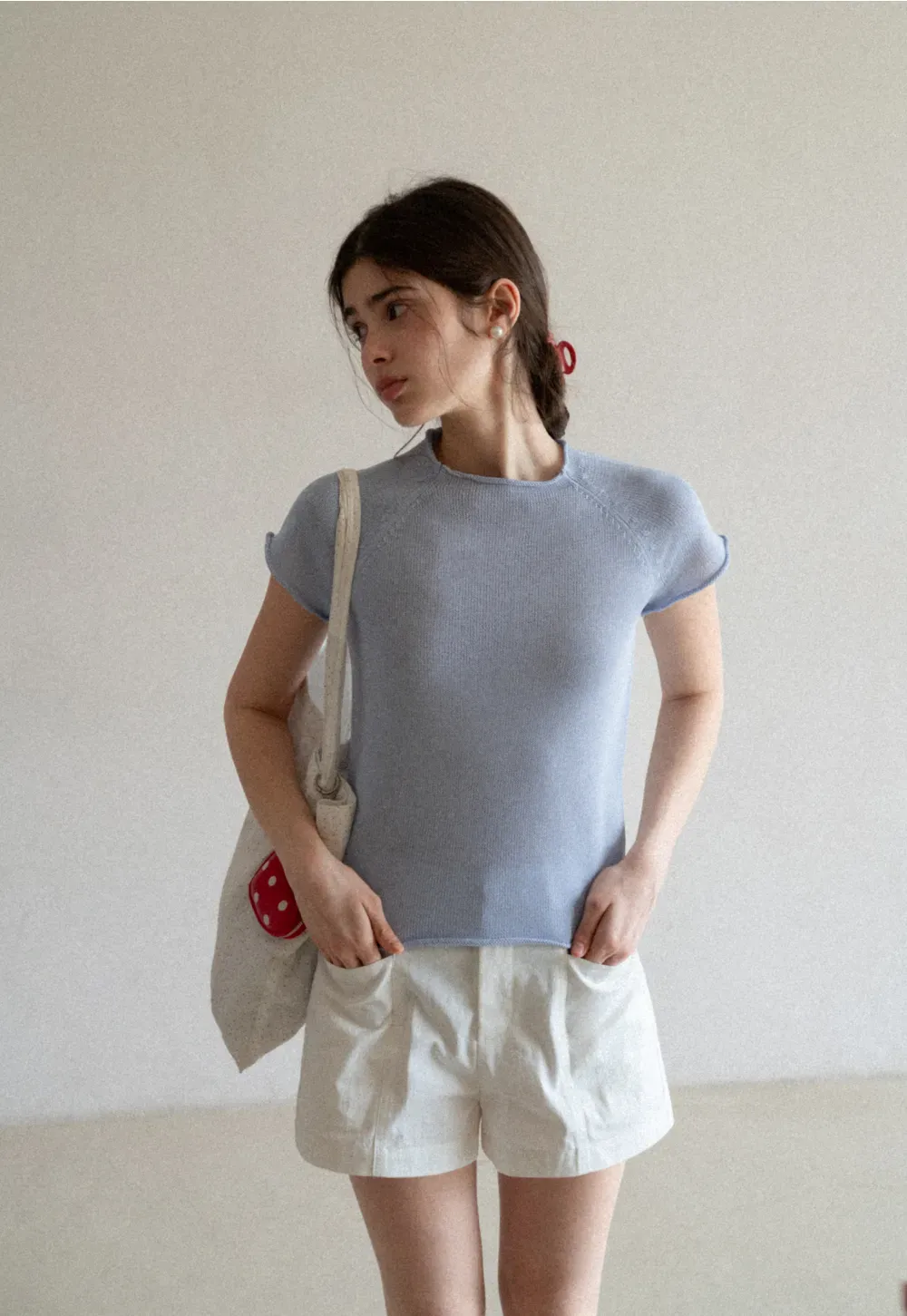 Short Sleeve Ribbed Knit Top with Raglan Sleeves