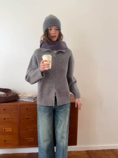 Women Grey Zip-Up Sweater with Ribbed Collar