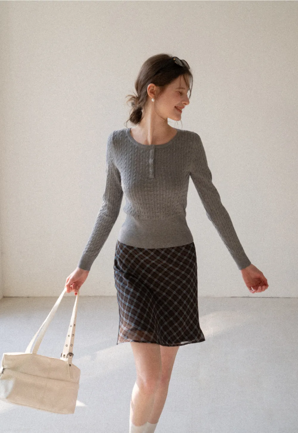 Cable Knit Long Sleeve Sweater with Button Detail