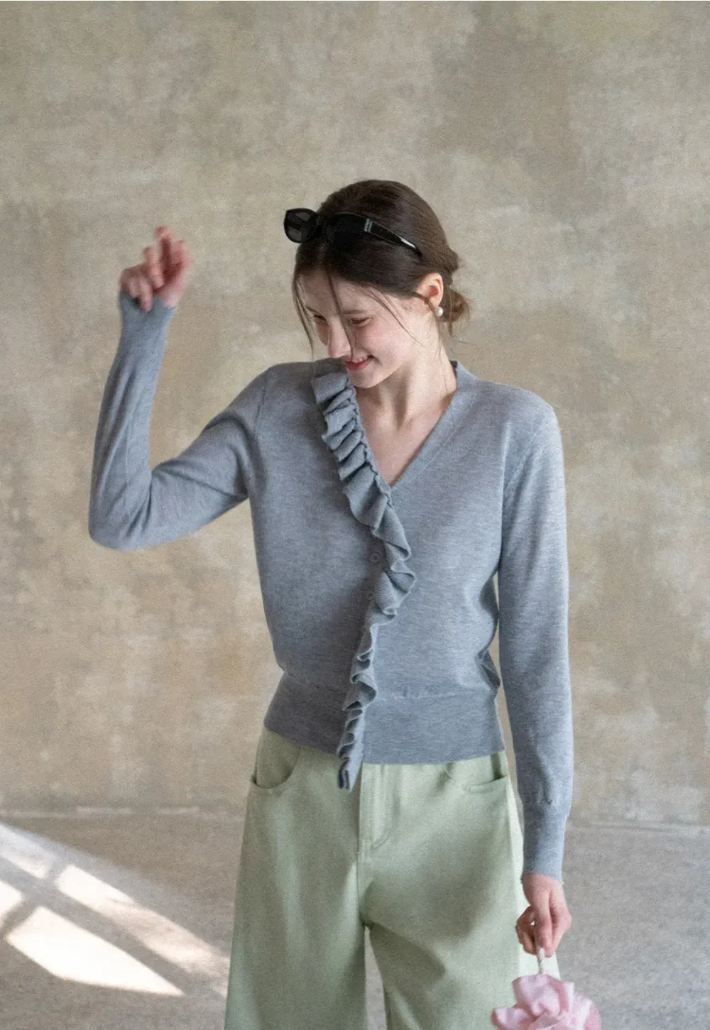 Lightweight Long Sleeve Knit Sweater with Ruffled Trim