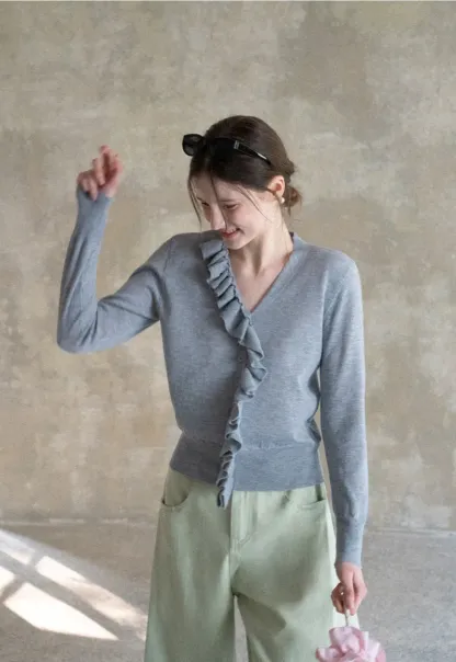 Lightweight Long Sleeve Knit Sweater with Ruffled Trim