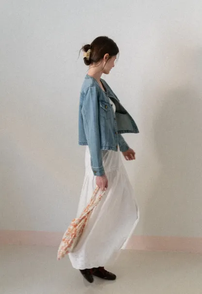 Denim short jacket with button front and chest pockets