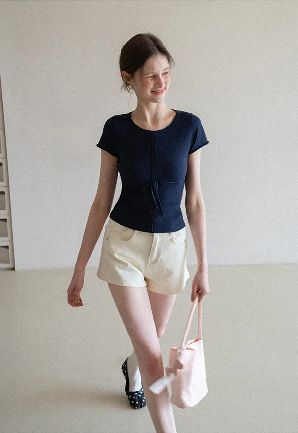 Short Sleeve Knit Cardigan with Front Buttons and Waist Tie