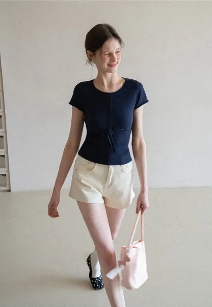 Short Sleeve Knit Cardigan with Front Buttons and Waist Tie