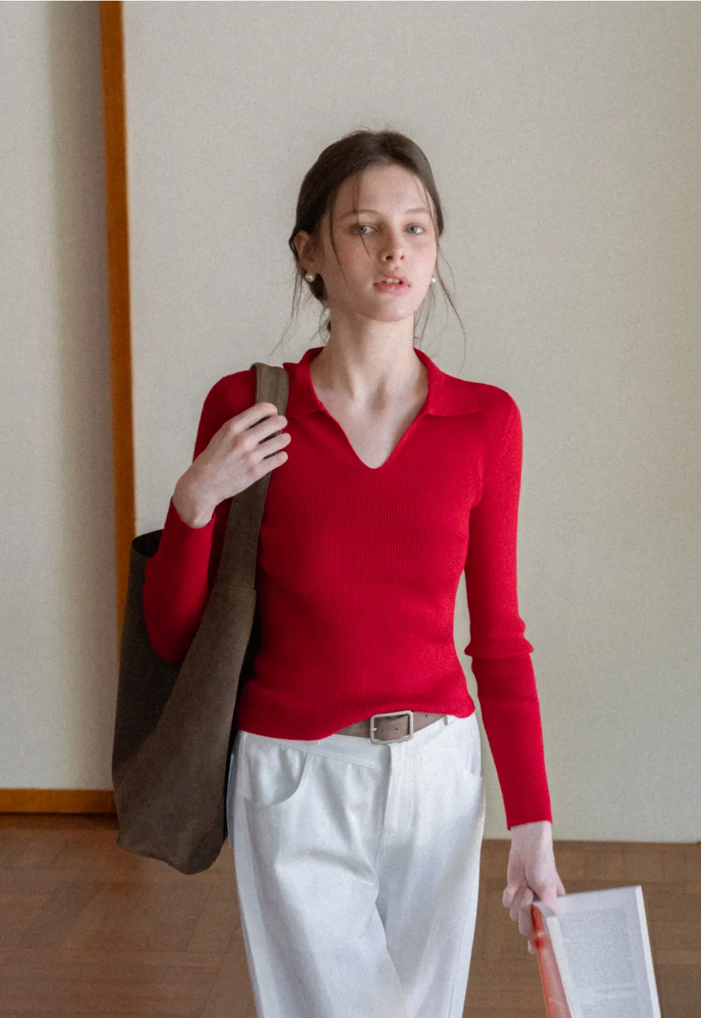 Ribbed Knit Long Sleeve Polo Neck Sweater