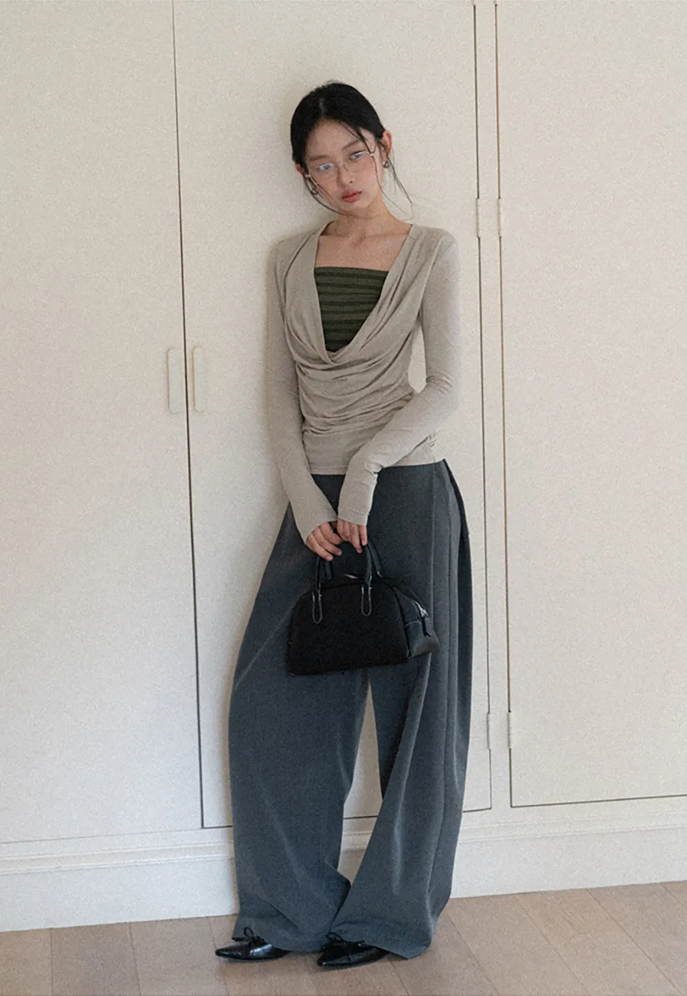 Long sleeve draped neckline top with square cutout