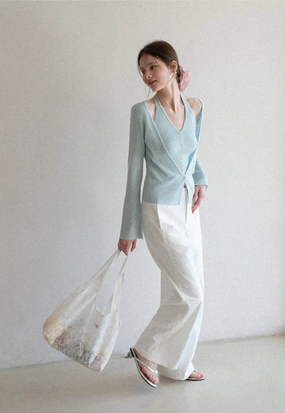 V neck long sleeve knit cardigan with open shoulders