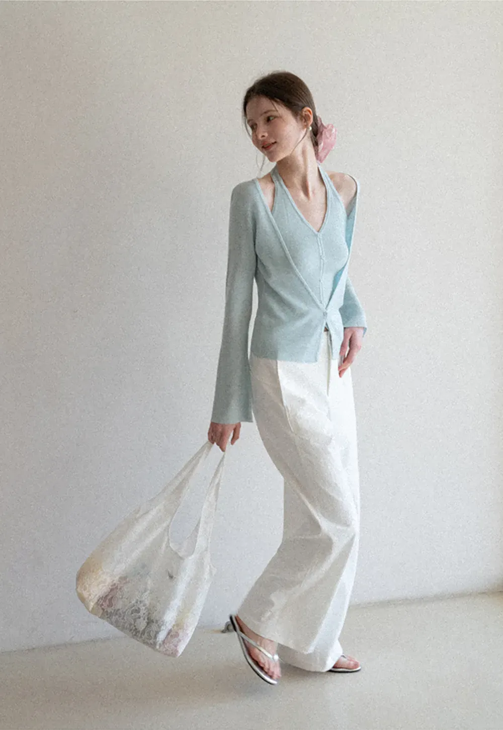 V neck long sleeve knit cardigan with open shoulders