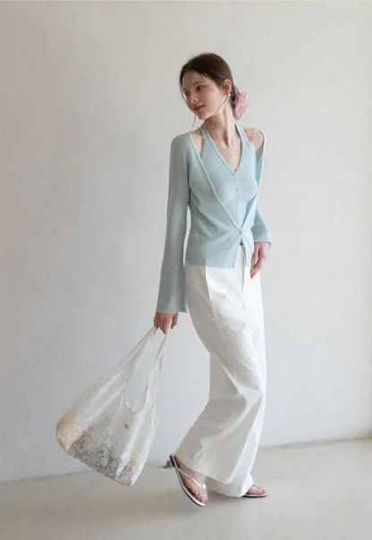 V neck long sleeve knit cardigan with open shoulders