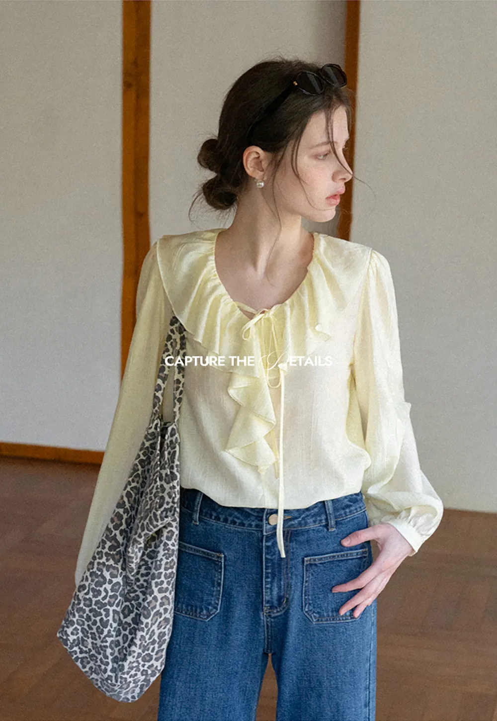 Ruffled Collar Long Sleeve Blouse with Tie Front