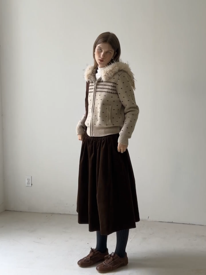 Vintage Knit Hooded Cardigan Women Faux Fur Coat