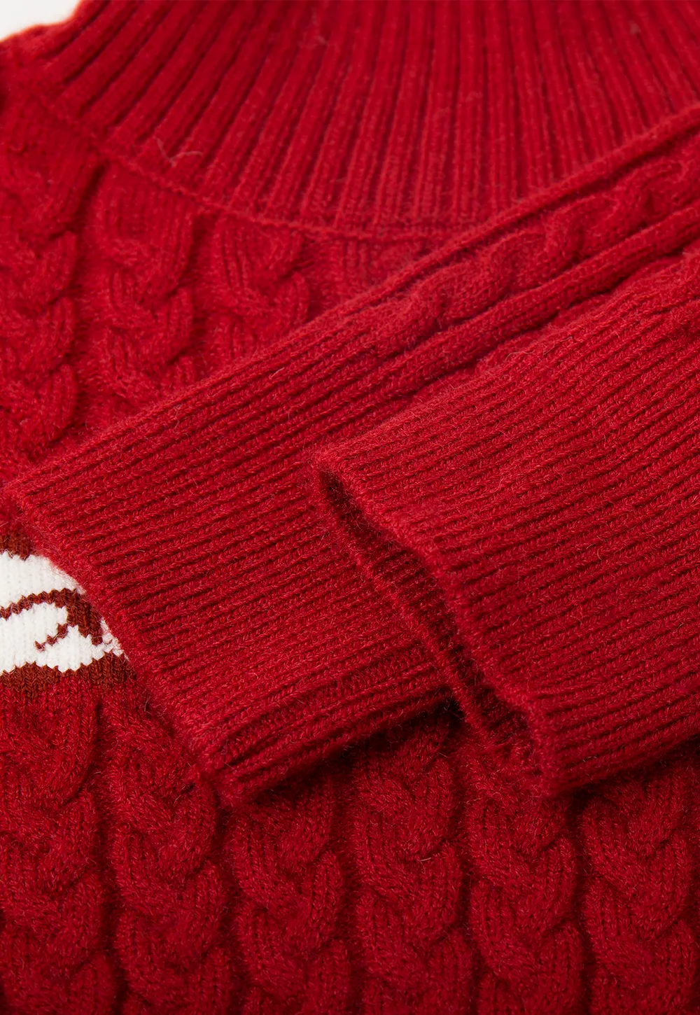 Turtleneck Cable Knit Sweater with Horse Pattern Stripe