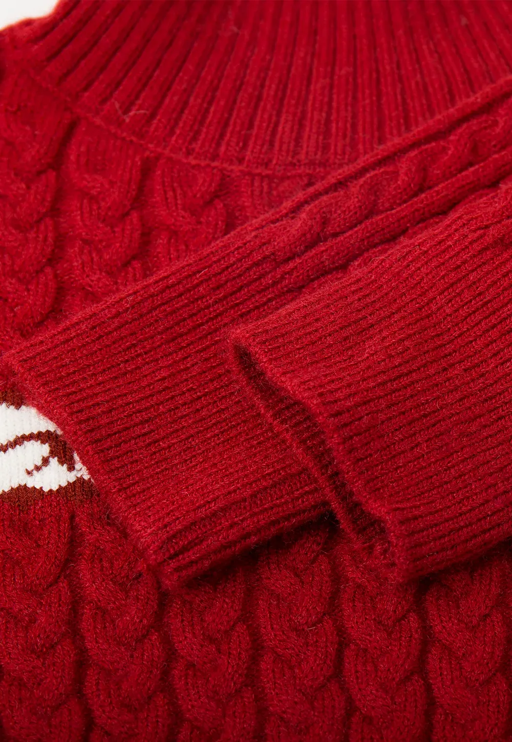 Turtleneck Cable Knit Sweater with Horse Pattern Stripe