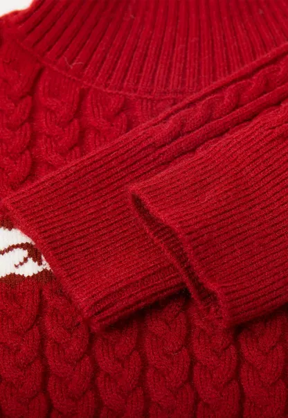 Turtleneck Cable Knit Sweater with Horse Pattern Stripe